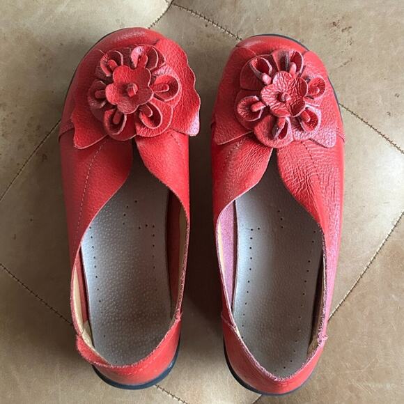 Shoes - Red Lagenlook Art Teacher Ballet Flats Romantic Flower Soft Leather Shoes, 7.5